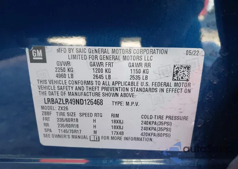 2022 Buick Envision Fwd Preferred из США, поврежденный, VIN LRBAZLR49ND126468